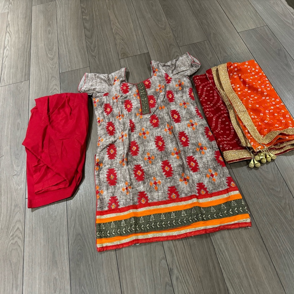 New Floral Gray and Red Kurti with salwar and Dupatta Set